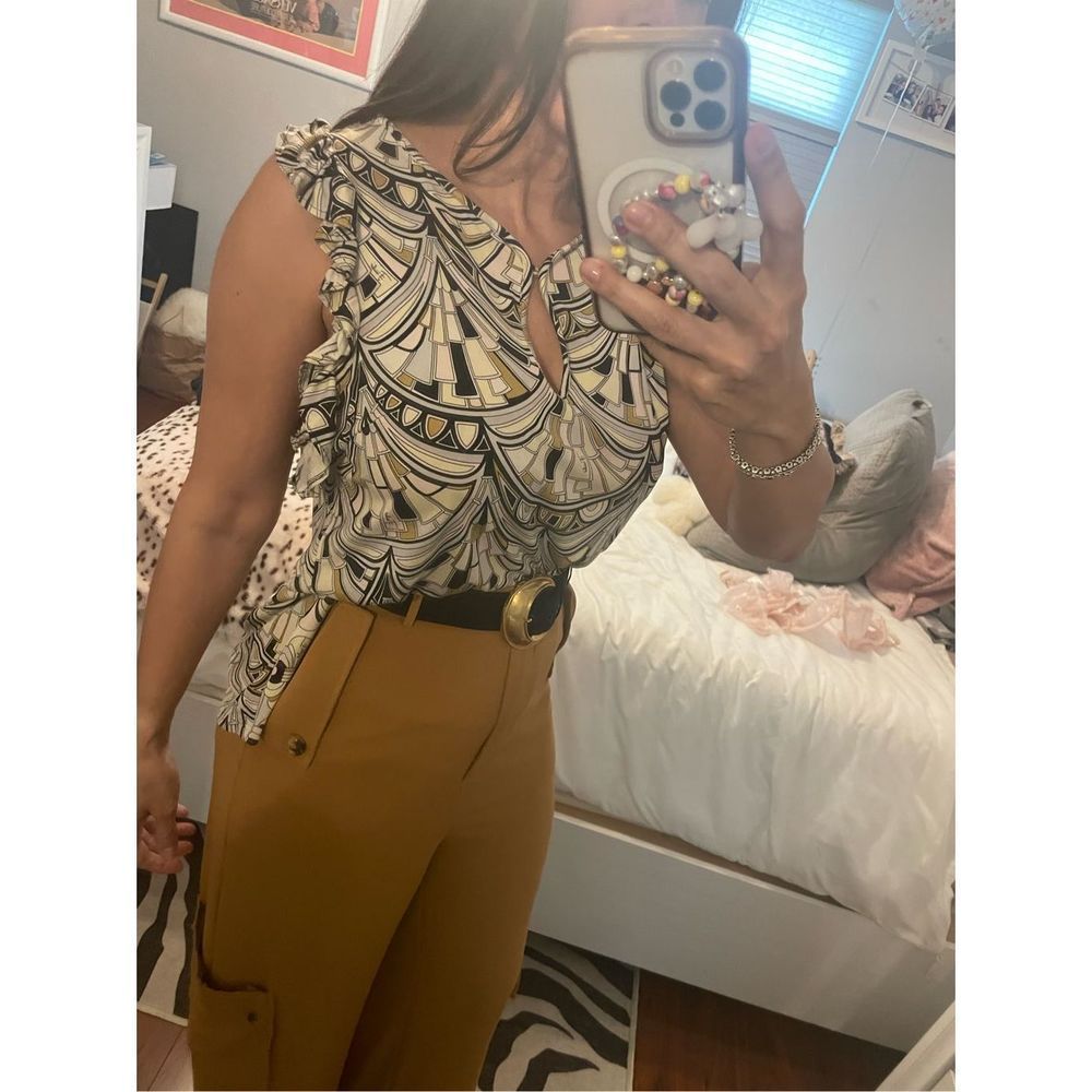 Emilio Pucci Black, Cream, and Gold Patterned Ruffled Blouse